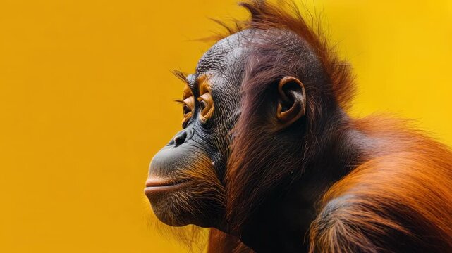 Young orangutan with reddish-brown fur looks intently to side against vivid orange background
