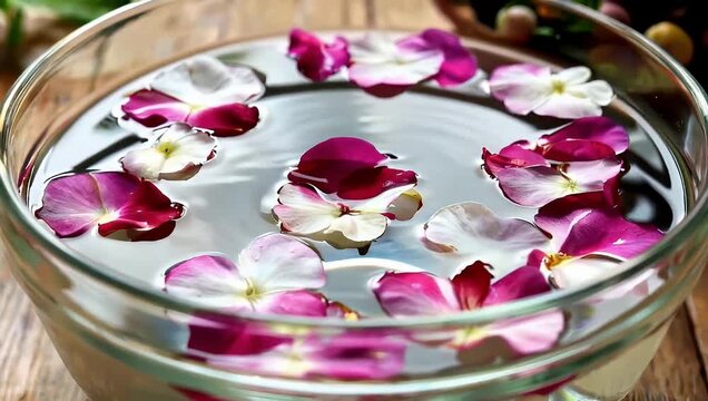 Floating flower petals in clear bowl of water decorative spa concept