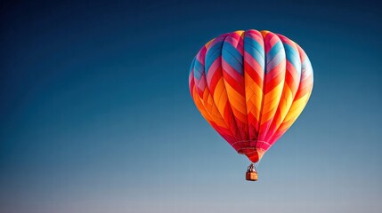 Obraz premium A vibrant hot air balloon floats gracefully against a clear, azure sky, ready for flight.