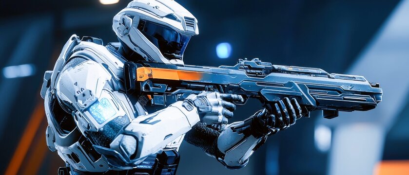 A futuristic soldier stands ready with a powerful weapon, ready to fight in a sci-fi setting.