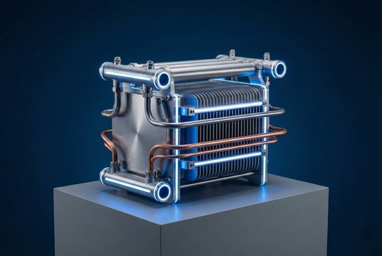 Futuristic metallic hydrogen fuel cell stack with glowing blue accents showcasing clean energy technology