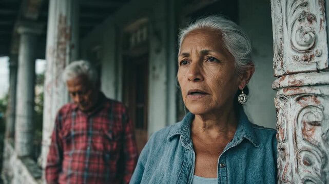 Portrait of thoughtful mature woman, leaning against column. Another senior man blurred in background. Authentic, natural light captures their serene expressions. Simple denim shirt.