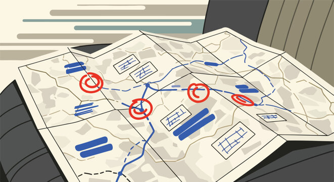 Illustrated map with red circles marking destinations and blue lines indicating routes, suggesting planning and navigation.