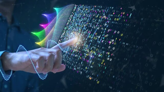 Futuristic concept of an AI-powered document management system. Businessman finger touching a futuristic glowing digital interface with colorful wave lines and cascading binary code big data.