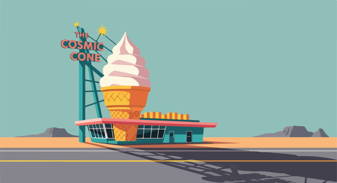 Retro roadside ice cream stand with giant cone sign in a desert landscape