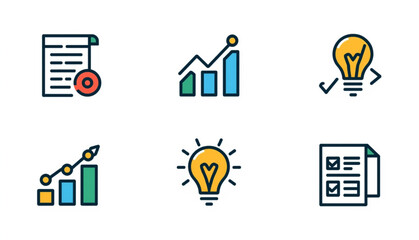 A set of 6 professional business and creativity icons designed in a modern filled-outline style. The collection features symbols for data analysis (bar charts and growth graphs), creative thinking 