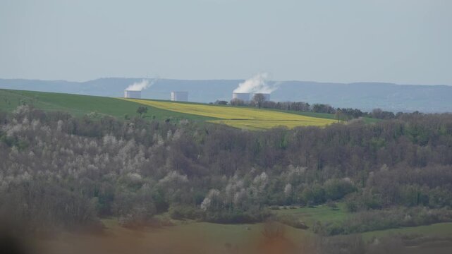 Cooling towers of Chooz Nuclear Power Plant in France, Europe energy generating