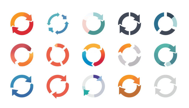 A comprehensive set of 15 circular arrow icons representing refresh, sync, and recycle processes. The collection features various minimalist styles, including dual and triple-arrow loops with diverse 