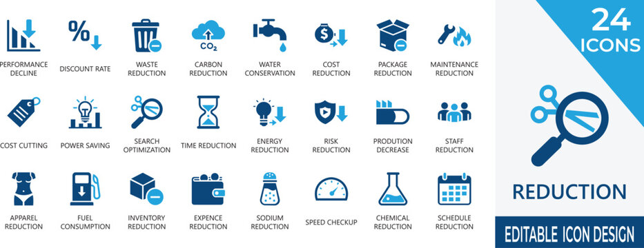 professional solid icon set for waste reduction,  statistics, symbols,  expense, cutting, carbon,sustainability, graphic, cost, and cost saving