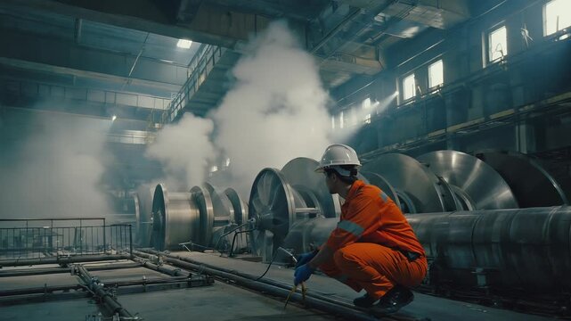 Industrial Technician Inspecting Pipeline System with Measuring Tool in Manufacturing Plant Environment.
