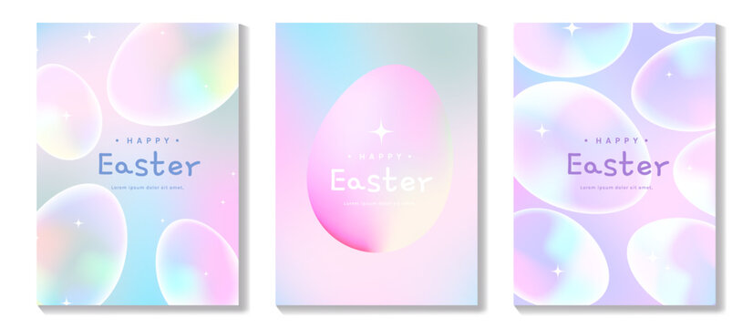 Happy Easter pastel gradient eggs vector background set with holographic pink blue and purple glow. Dreamy abstract design for greeting cards, posters, banners and social media.