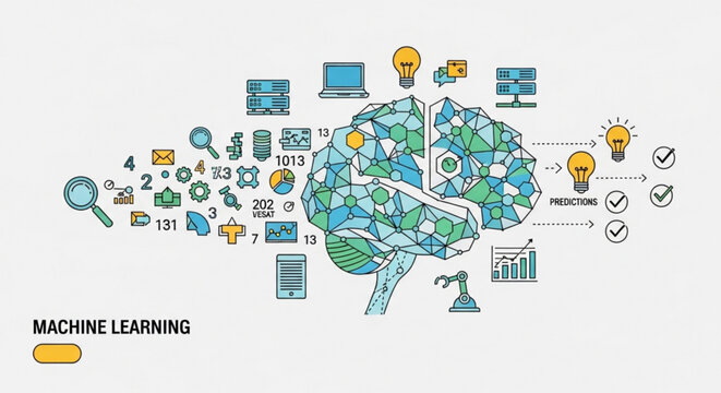 A colorful vector graphic illustration of a brain with various icons and symbols representing machine learning and artificial intelligence concepts.