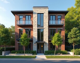 Fototapeta premium Modern brick townhouse with stone accents and balconies. Rich green trees and manicured bushes surround this urban residential building. Clear blue sky above bright sunny day.