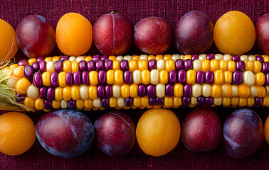 Colorful Autumn Harvest Corn and Plums Arranged on Glittery Fabric
