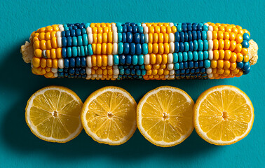Colorful Corn Cob and Sliced Lemons on Teal Background