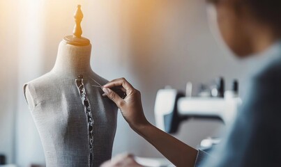 A tailor's skilled hands meticulously pin fabric onto a dress form in their workshop, focusing on detail.