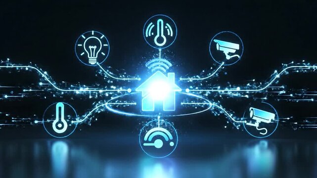 Glowing blue house icon with digital particles representing smart home
