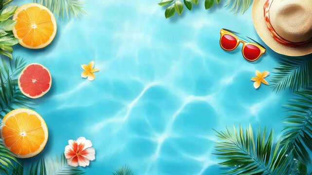 Buon Ferragosto Italy summer festival scene with tropical leaves, citrus fruits, on a poolside background. Bright seasonal illustration for banner, flyer, invitation, brochure. 