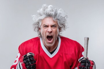 Enraged hockey player in red uniform is yelling with fierce determination, holding a hockey stick.