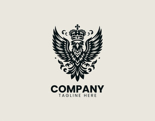 Fototapeta premium Crowned eagle with wings spread black vector logo illustration