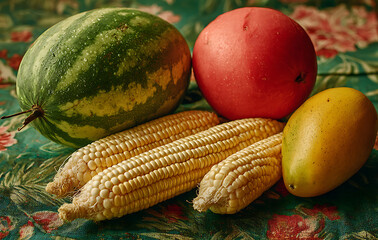Ripe Watermelon Mango Corn and Tomato on Floral Fabric Background Detailed Studio Shot