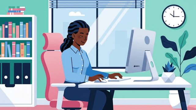 Flat 2D animation of professional businesswoman wearing neat button up shirt sitting at modern office desk working on desktop computer smooth typing motion subtle mouse movement seamless natural loop 