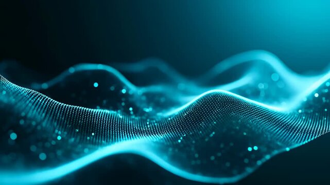 Blue glowing digital waves with bright particles flowing in a dark background, showcasing abstract technology and futuristic design concepts