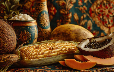 Still Life Arrangement Of Exotic Fruits And Vegetables On A Textured Surface Illuminated By Warm Light