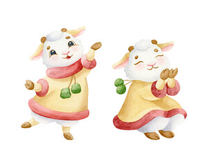 Naklejka premium Baby girl goat in winter coat with pompoms watercolor illustration set. Charming nursery animal character clip art for children books and Christmas greeting cards. Chinese calendar symbol of 2027