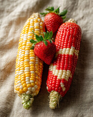 Two Corn Cobs One Yellow And White One Red And White With Three Strawberries On A Light Colored Textured Surface