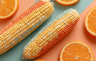 Two Colorful Ears of Corn with Orange Slices on a Pastel Background
