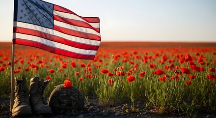 Memorial day tribute honoring fallen heroes with american flag in poppies field