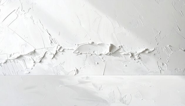 Close-up of a white wall with peeling paint and sunlight casting shadows