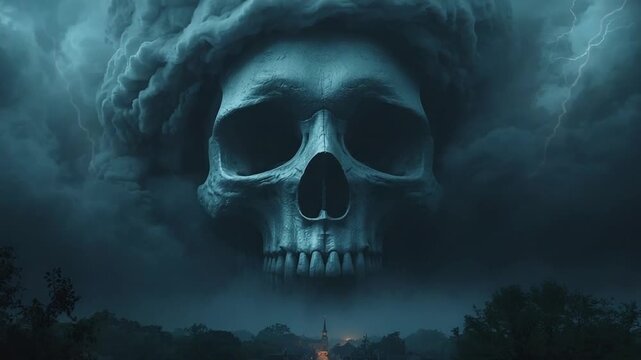 Massive Skull-Shaped Storm Clouds Looming Over Landscape Cinematic Dark Sky
