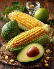 Two Yellow Corn Cobs and Ripe Avocado Halves with Limes and Parsley on Rustic Wooden Table