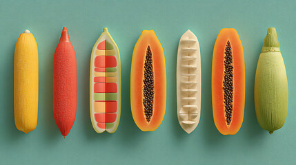 Various Fruits and Vegetables Artfully Arranged Featuring Papaya Banana Zucchini and Other Produce on Textured Background