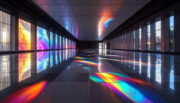 Futuristic interior corridor with colorful light reflections on glossy floor and walls
