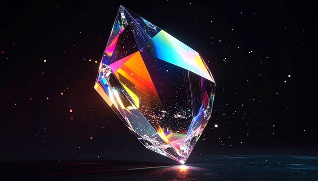 Vibrant crystal gemstone glowing with rainbow colors against a dark starry night background