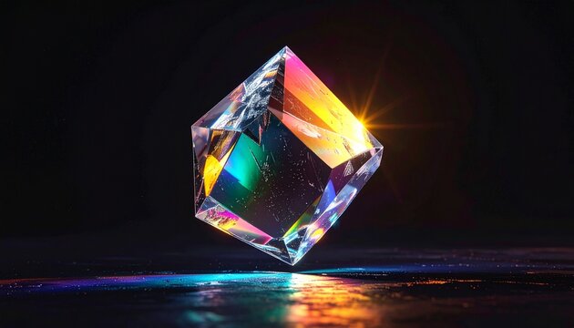 Vibrant crystal prism reflecting colorful light on a dark background with glowing effect
