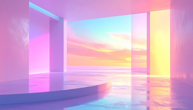 Futuristic interior with a vibrant sunset view through floor-to-ceiling windows and a reflective pool