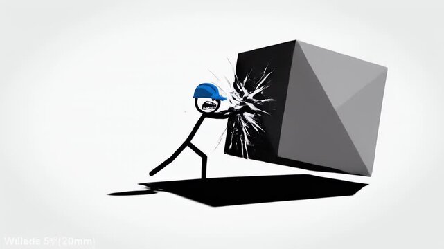 Animated stickman wearing a blue hard hat struggles to push a large geometric dark gray cube on a white background with dramatic lighting and shadow