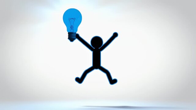Black Stick Figure Character Celebrates Holding a Glowing Blue Light Bulb Idea Symbolizing Innovation and Excitement against a Bright White Gradient