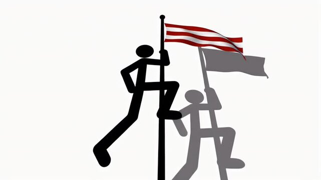 Black Stickman Climbs Flagpole with American Flag Waving White Background High Angle View Animated