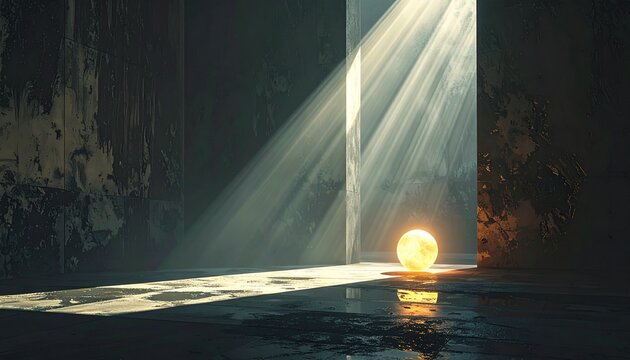 Warm sunlight rays shining through a dark room onto a serene water surface