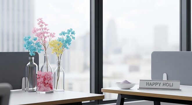A modern office workspace with a large window view of a city skyline featuring a desk with colorful artificial flowers in vases and a Happy Holi sign