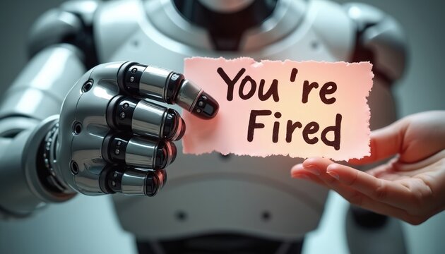 Robot hand gives human pink slip with Youre Fired text. Symbolizes job loss due to automation replacing people in future workplaces. Workers face career displacement.