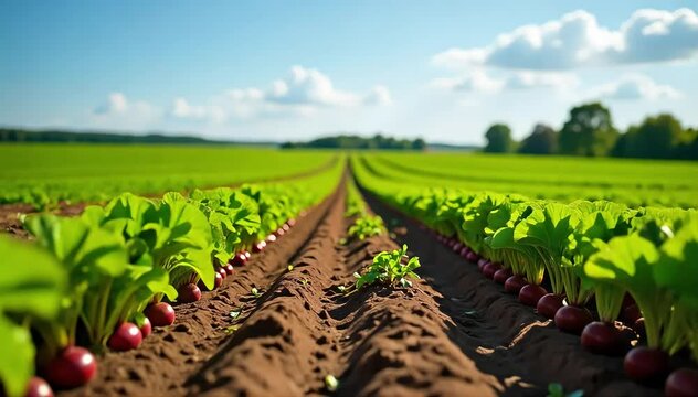 A farm field with rows of beetroot plants under sunny skies and clear blue daylight 
