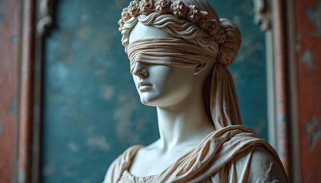 Marble statue of Lady Justice wears blindfold and floral crown. Classic sculpture symbolizes fairness impartial truth and legal equity. Represents law judgment and moral compass.