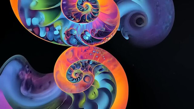 Vibrant Abstract Swirls of Colorful Nautilus Shells Against a Dark Background with Cosmic Elements