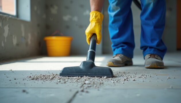 Construction worker cleans building site with vacuum cleaner. Yellow glove and blue pants tidy concrete floor. Orange bucket nearby on dusty ground. Safety work boots on feet.
